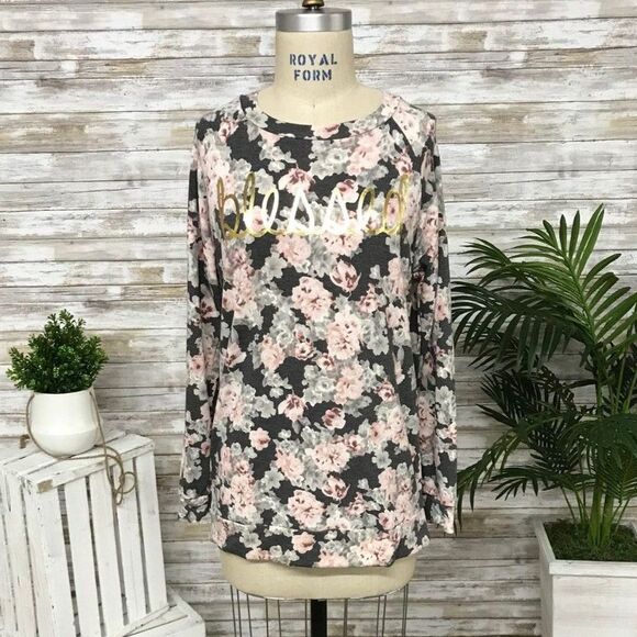 Blessed Grey Floral Sweatshirt with Metallic "Blessed" by Lovely Souls - Picture 1 of 3